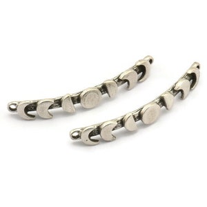Moon Phases Charm, 2 Antique Silver Plated Brass Moon Phases Charms With 2 Loops, Connectors, Bracelet Parts (44x7mm) N2131