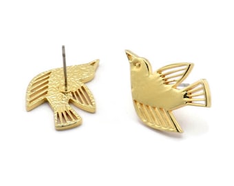 Boucle d'oreille oiseau en or, 2 clous d'oreilles oiseau en laiton plaqué or (24 x 15 x 1,2 mm) N1645