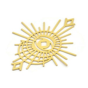 Brass Eye Charm, 4 Raw Brass Eye And Sun Shaped Charms With 2 Triangle Loops, Earring Charms, Connectors (58x49x0.60mm) A3253