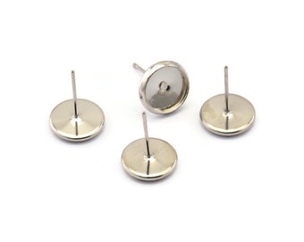 Silver Cabochon Pad, 50 Silver Tone Earring Posts 8mm Tray Cabochon Earring Setting, Iron Ear Studs D0163