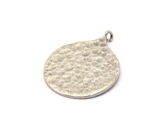 Silver Round Charm, Hammered Antique Silver Plated Brass Circle Pendants With 1 Loop, Findings (38.5x30x1mm) BS 1963