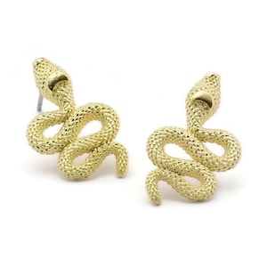 May include: A pair of gold snake stud earrings. The snakes are curled up with their heads facing forward.
