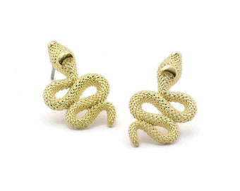 Brass Snake Earring, 4 Raw Brass Snake And Moon Stud Earrings (20x11x3mm) N1612