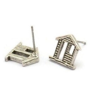 Silver Home Earring, 4 Antique Silver Plated Brass House Stud Earrings (11mm) N1362