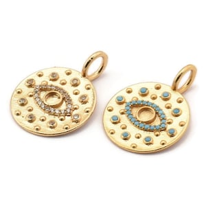 Gold Eye Charm, Gold Plated Eye, Cubic Zircon, CZ Pave Eye Charm, 2 Zircon Round Shaped Eye Pendants With 1 Pad And 1 Loop (27x20mm) SY0229