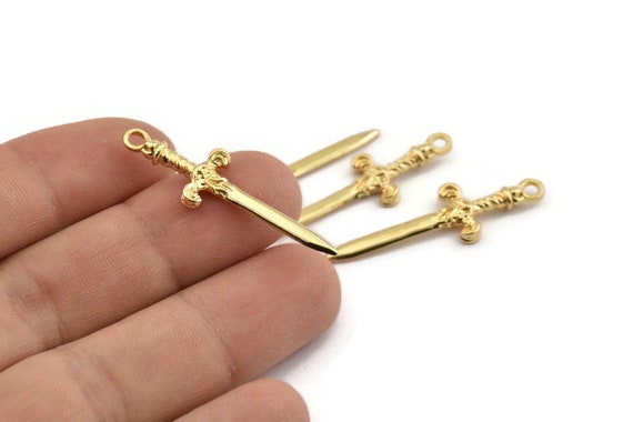 Knight's Sword Pendant, 3 Gold Plated Brass Sword Charms (36x10mm