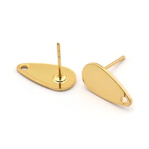 Gold Drop Earring, 6 Gold Plated Brass Drop Stud Earrings With 1 Hole (14x7x0.80mm) M449 A1992