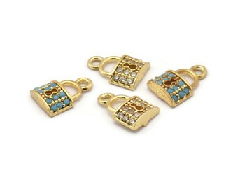 Gold Lock Charm, 4 Gold Plated Lock, Cubic Zircon, CZ Pave Lock Charm, Zircon Charm Pendants (7x10mm) SY0019