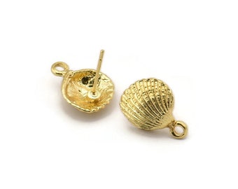 Gold Shell Earring, 2 Gold Plated Brass Sea Shell Stud Earrings With 1 Loop, Findings (12x16mm) N0941