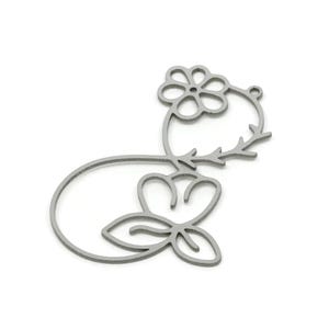 May include: A silver-colored metal charm in the shape of a stylized flower and leaves. The charm features a flower at the top, a curved stem, and a loop for attaching to jewelry or other crafts. The design is simple and elegant.