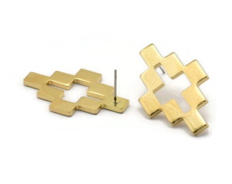 Brass Puzzle Earring, 4 Raw Brass Stud Earrings (35x22x2mm) D981 A1255