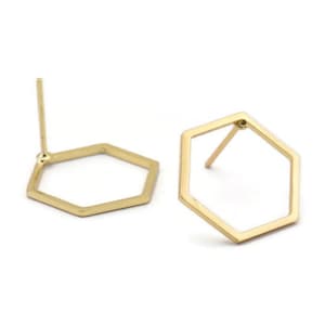 Gold Hexagon Earring, 6 Gold Plated Brass Hexagon Stud Earrings (16x0.90mm) A1638 A1712