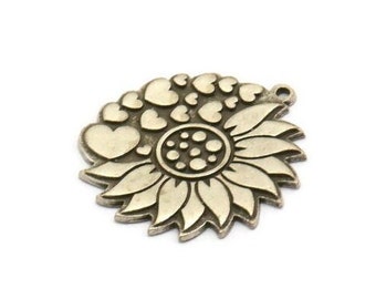 Silver Flower Charm, Antique Silver Plated Brass Flower And Hearts Charm With 1 Loop, Findings (29.5x27x1.5mm) N2257