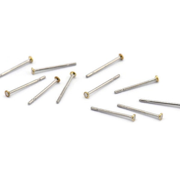 Earring Post Stud, 100 - 316L Stainless Steel Earring Posts With Raw Brass 1.6mm Flat Pad, Ear Studs ( BS 2225 )