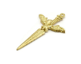 Brass Sword Charm, 2 Raw Brass Sword Charms With 1 Loop, Angel Sword (49x25mm) N1646