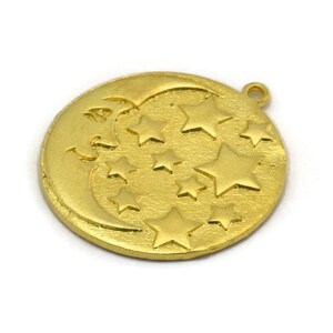 Brass Round Charm, Raw Brass Crescent Moon And Star Charm With 1 Loop, Findings (28x25.5x1.5mm) N2224