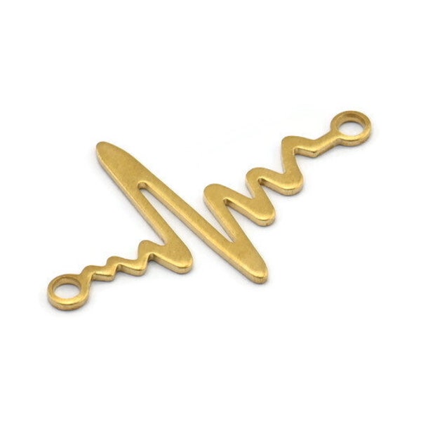 Brass Heart Rhythm Connector, 12 Raw Brass Heart Rhythm Shaped Connectors With 2 Loops (37.5x24x1mm) E067