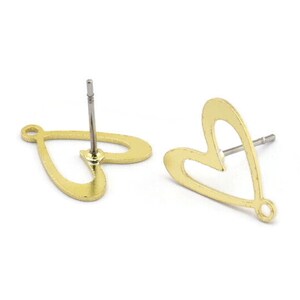 Brass Heart Earring, 12 Raw Brass Heart Shaped Stud Earrings With 1 Loop (14x12x0.60mm) A2946