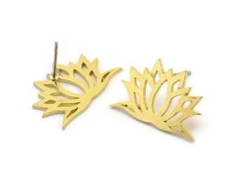 Brass Lotus Earring, 6 Raw Brass Lotus Flower Stud Earrings (21x14x1mm) A3821