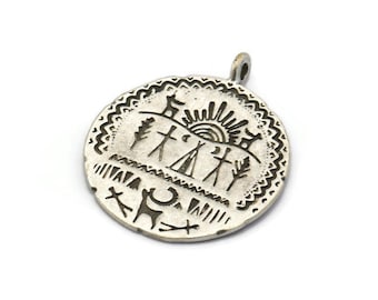 Silver Round Charm, Antique Silver Plated Brass Round Shaped Totem Charm With 1 Loop, Findings, Tags (34x29x1mm) N1873