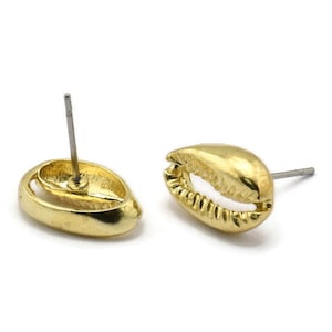Brass Shell Earring, 4 Raw Brass Cowrie Shell Stud Earrings (14x9mm) N1959