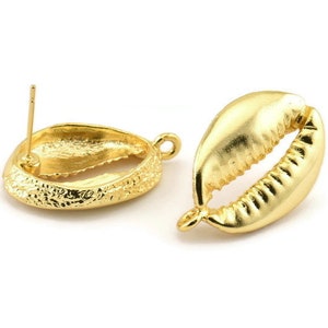Gold Shell Earring, 2 Gold Plated Brass Cowrie Shell Stud Earrings With 1 Loop, Findings (25x17mm) N0911