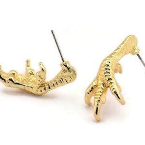 Gold Paw Earring, 2 Gold Plated Brass Bird Paw Stud Earrings (33x15mm) N1078