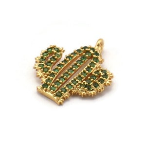 Gold Cactus Charm, Gold Plated Cactus, Cubic Zircon, CZ Pave Cactus Charm, Zircon Charm Pendants With 1 Loop (18x15x2mm) SY0096