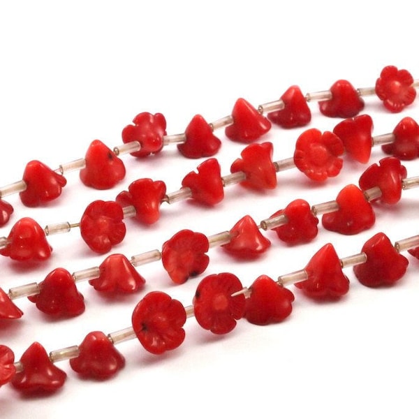 Red Coral Flower Beads 15.5 Inches Full Strand (9x6mm) T086