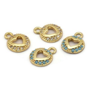 Gold Heart Charm, 4 Gold Plated Heart, Cubic Zircon, CZ Pave Heart Charm, Zircon Charm Pendants (8x10mm) SY0012