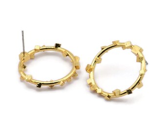 Gold Circle Earring, 2 Gold Plated Brass Circle Stud Earrings (25x2mm) N1699