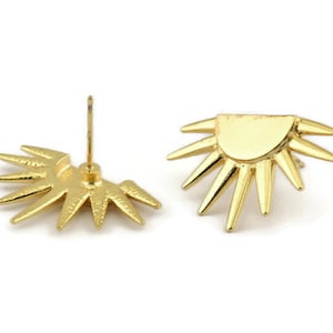 Gold Sun Earring, 2 Gold Plated Brass Sunshine Stud Earrings (19x29mm) N0963 H0100