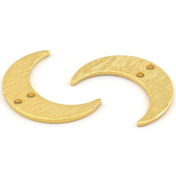 Gold Moon Charm, 6 Textured Gold Plated Brass Crescent Moon Charms With 2 Holes, Findings, Connectors (21x6x1mm) D1386 Q1027