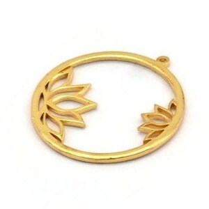 Lotus Flower Charm, Gold Plated Brass Lotus Flower Charm With 1 Loop (37x34x1.5mm) N1355