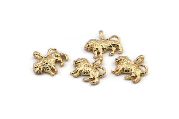 Gold Lion Charm, 4 Gold Plated Brass Lion Charms With 1 Loop (15.5