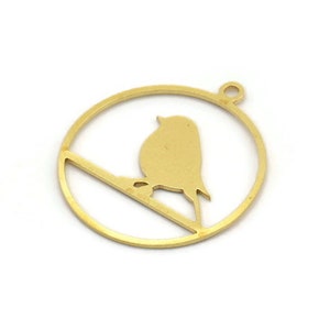 Brass Bird Charm, 12 Raw Brass Bird Patterned Round Shaped Charms With 1 Loop (25.5x23x0.60mm) A4227