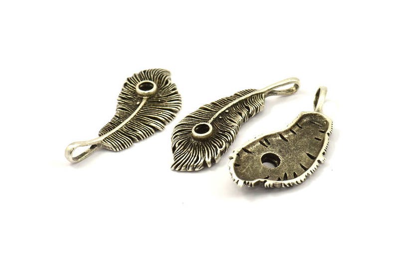 Wide Feather Pendant, 1 Antique Silver Plated Brass Feather Charms, Feather Pendants 50x20mm N0175 image 3