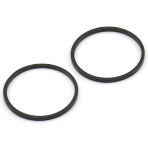 Op de afbeelding: Twee zwarte rubberen O-ringen. De O-ringen zijn rond en hebben een glad oppervlak.