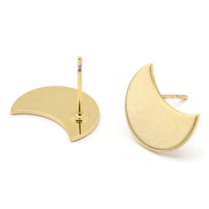 Gold Moon Earring, 4 Gold Plated Brass Crescent Moon Stud Earrings (15x8x0.80mm) D0666 A1325 Q0634
