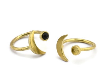 Brass Ring Settings, 10 Raw Brass Moon And Planet Ring With 1 Stone Setting - Pad Size 4mm N0799