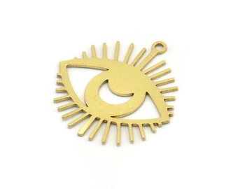Brass Eye Charm, 10 Raw Brass Crescent Moon Patterned Eye Shaped Charms With 1 Loop (27x26x0.60mm) A3490