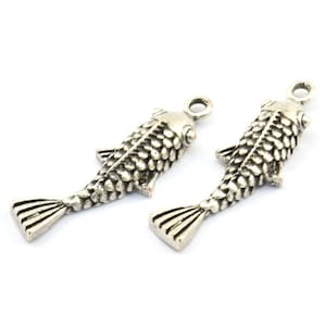 Antique Silver Koi Fish Charm, 6 Antique Silver Plated Brass Koi Fish Pendants, Jewelry Supplies, Findings (27x8mm) N0422