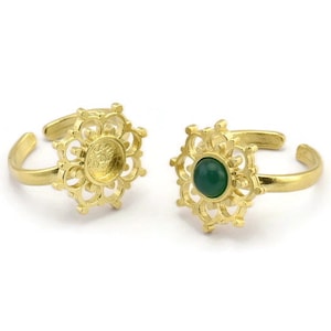 Brass Ring Settings, Raw Brass Flower Rings With 1 Round Shaped Stone Setting - Pad Size 6mm N2101