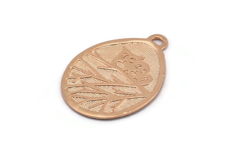 Rose Gold Owl Charm, 1 Rose Gold Lacquer Plated Brass Owl Textured Drop Shape Charms With 1 Loop, Bl