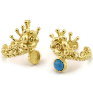 Brass Flower Ring, Raw Brass Adjustable Rings With 1 Stone Settings - Pad Size 6mm N2540