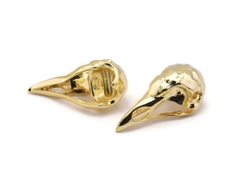 真鍮・金メッキ　小鳥 小さな鳥の頭蓋骨、金メッキ真鍮の鳥の頭蓋骨ペンダント、(25x12x11mm