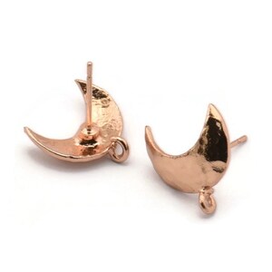 Rose Gold Earring Post, 4 Rose Gold Plated Brass Moon Earring Posts With 1 Loop (14x15mm) BS 2439 H1009
