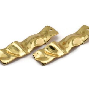 Gold Rectangle Charm, 4 Gold Plated Brass Wavy Rectangle Charms With 1 Hole, Earrings, Findings (36x10x0.60mm) D857
