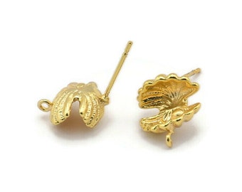 Gold Sea Shell Earring, 4 Gold Plated Brass Sea Shell Stud Earrings With 1 Loop (12x13mm) N1181