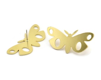 Brass Bug Earring, 4 Raw Brass Butterfly Stud Earrings (40x18x1mm) A3818